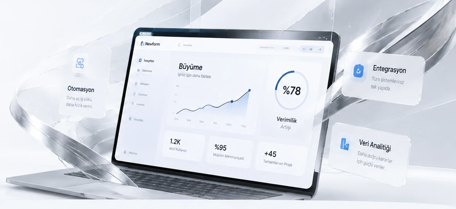 Newform yazılım çözümlerini simgeleyen modern dizüstü ekranı
